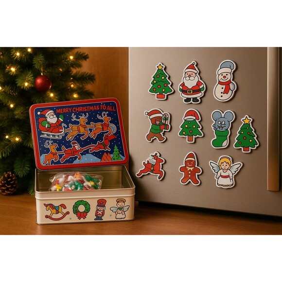 J.S.N.Y. Christmas Tin with Holiday Refrigerator Magnets Set Vintage Style NOS - Picture 8 of 8